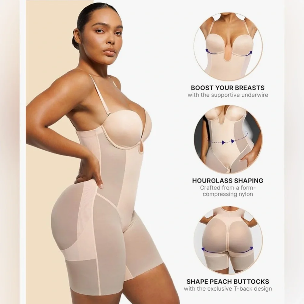 SHAPELLX Shapewear Deep Plunge Corset Tummy Control Backless Bodysuit Beige S - Picture 5 of 10